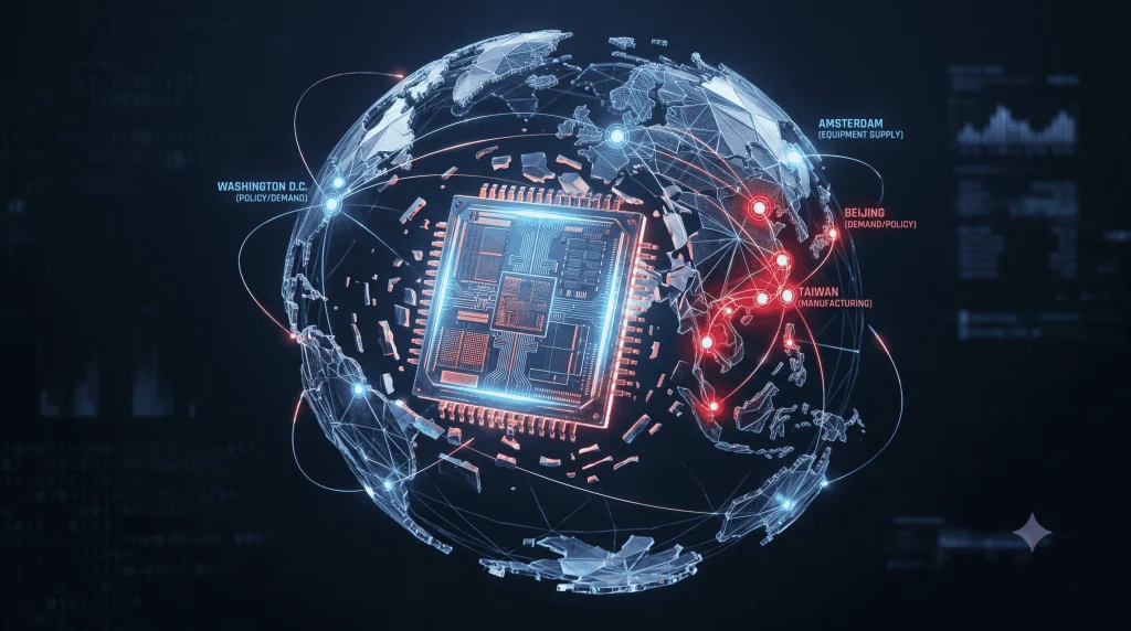 3D conceptual illustration of the global semiconductor supply chain fractured by geopolitical chokepoints.